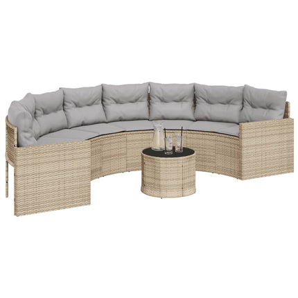 Trädgårdssoffa med bord och dynor halvrund beige konstrotting