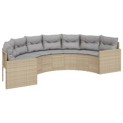 Trädgårdssoffa med bord och dynor halvrund beige konstrotting