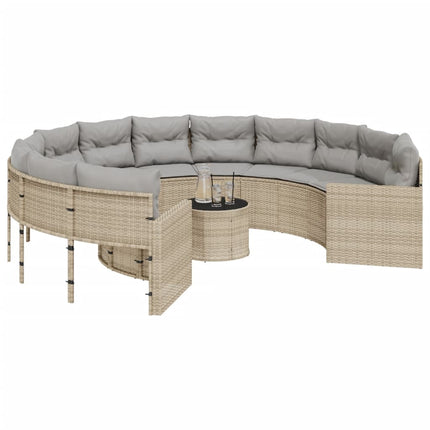 Trädgårdssoffa med bord och dynor rund beige konstrotting