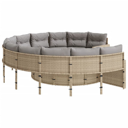 Trädgårdssoffa med bord och dynor rund beige konstrotting