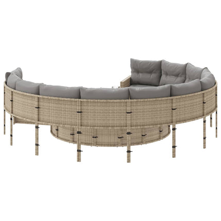 Trädgårdssoffa med bord och dynor rund beige konstrotting
