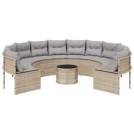 Trädgårdssoffa med bord och dynor rund beige konstrotting
