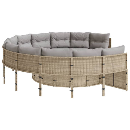 Trädgårdssoffa med bord och dynor rund beige konstrotting