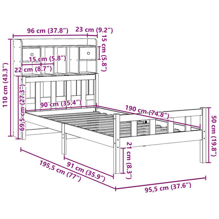 Säng Med Bokhylla Utan Madrass 90X190Cm Massiv Furu