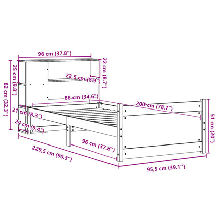 Säng Med Bokhylla Utan Madrass 90X200Cm Massiv Furu
