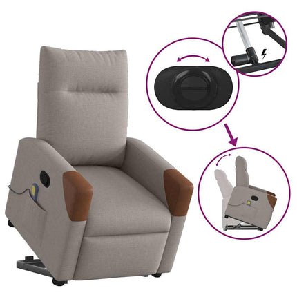 Massagefåtölj med uppresningshjälp taupe tyg