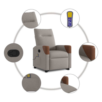 Massagefåtölj med uppresningshjälp taupe tyg