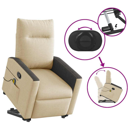 Massagefåtölj med uppresningshjälp gräddvit tyg