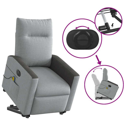 Elektrisk massagefåtölj med uppresningshjälp ljusgrå tyg