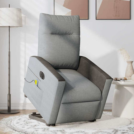 Elektrisk massagefåtölj med uppresningshjälp ljusgrå tyg