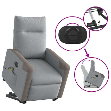 Elektrisk massagefåtölj med uppresningshjälp ljusgrå tyg