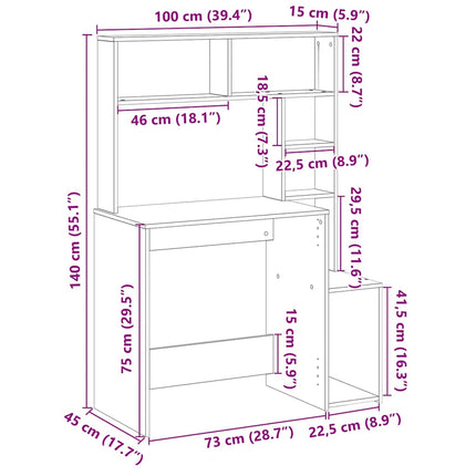 Skrivbord med hyllor vit 100x45x140 cm konstruerat trä