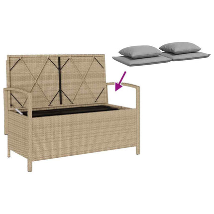 Förvaringsbänk för trädgård med dyna beige konstrotting