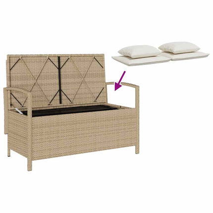 Förvaringsbänk för trädgård med dyna beige konstrotting