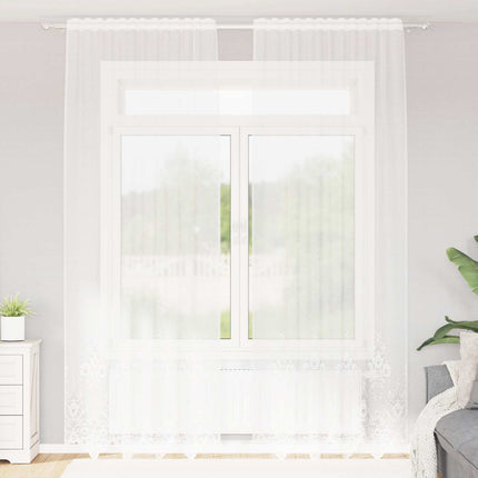Spetsgardin med gardiner Blommor Vit 300 x 150 cm Polyester