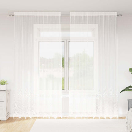 Spetsgardin med gardiner Blommor Vit 280 x 200 cm Polyester