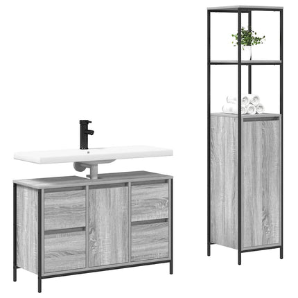 Badrumsmöbelset med låda med hylla 2 pcs Grå sonoma och svart