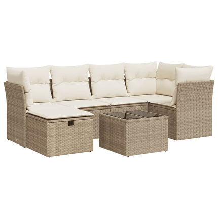 Matgrupp för trädgården med dynor 7 delar beige konstrotting