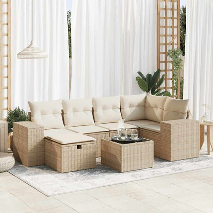 Matgrupp för trädgården med dynor 7 delar beige konstrotting