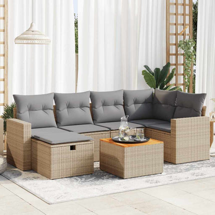 Matgrupp för trädgården med dynor 7 delar beige konstrotting
