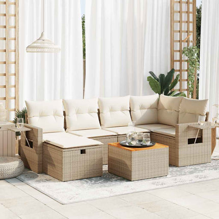 Matgrupp för trädgården med dynor 7 delar beige konstrotting