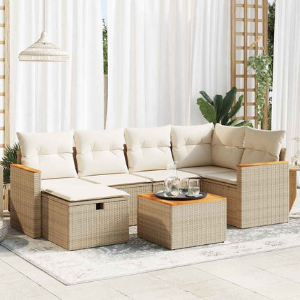 Matgrupp för trädgården med dynor 7 delar beige konstrotting
