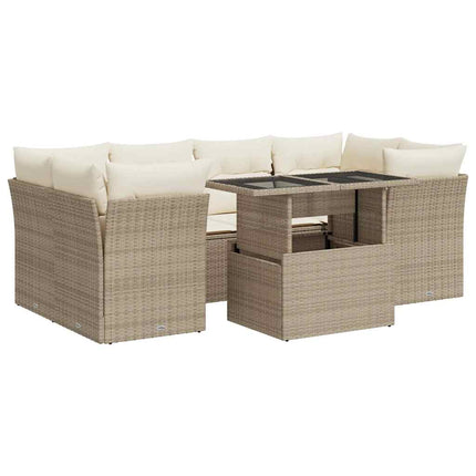 Matgrupp för trädgården med dynor 7 delar beige konstrotting