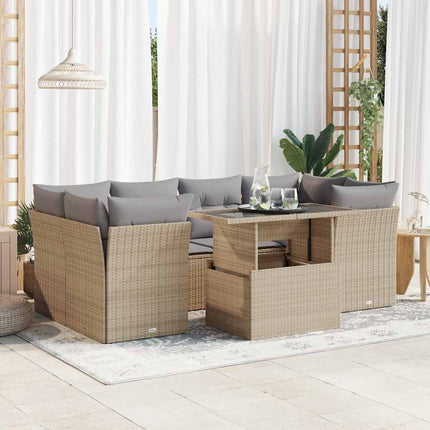 Matgrupp för trädgården med dynor 7 delar beige konstrotting
