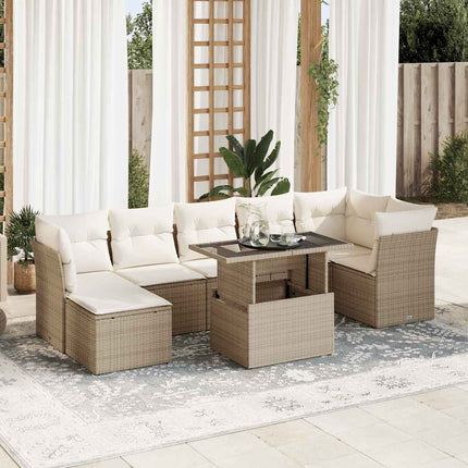 Matgrupp för trädgården med dynor 8 delar beige konstrotting
