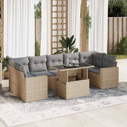 Matgrupp för trädgården med dynor 8 delar beige konstrotting