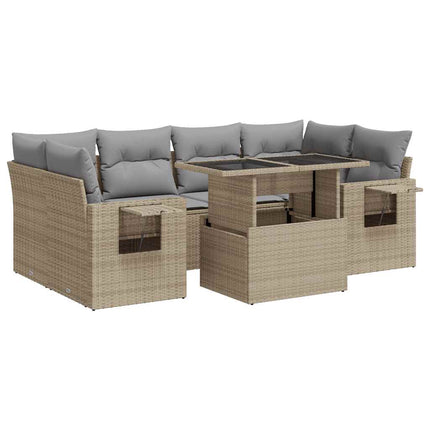 Matgrupp för trädgården med dynor 7 delar beige konstrotting