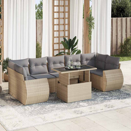Matgrupp för trädgården med dynor 8 delar beige konstrotting