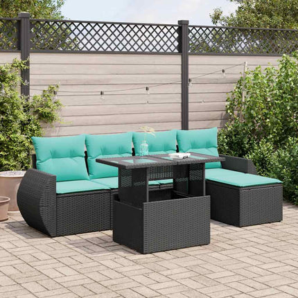 Trädgårdssoffset med dynor 6 delar svart konstrotting akaciaträ