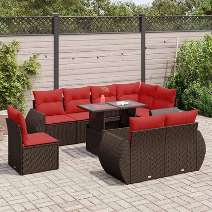 Trädgårdssoffset med dynor 9 delar brun konstrotting akaciaträ