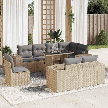 Soffgrupp för trädgården med dynor 9 delar beige konstrotting
