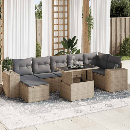 Matgrupp för trädgården med dynor 8 delar beige konstrotting