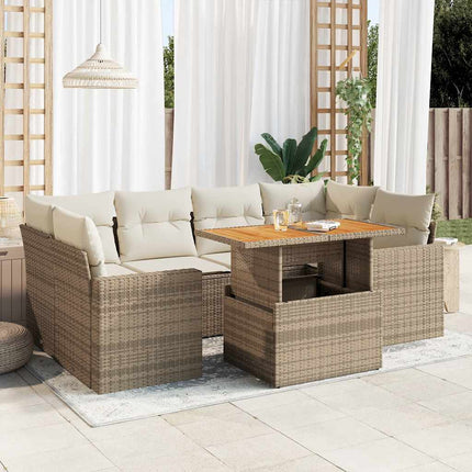 Matgrupp för trädgården med dynor 7 delar beige konstrotting