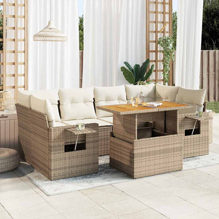 Matgrupp för trädgården med dynor 7 delar beige konstrotting
