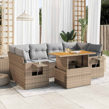 Matgrupp för trädgården med dynor 7 delar beige konstrotting