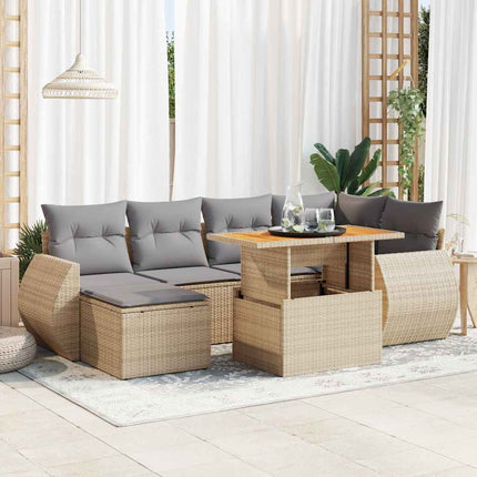 Matgrupp för trädgården med dynor 7 delar beige konstrotting