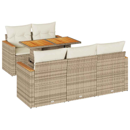Trädgårdssoffset med dynor 6 delar beige konstrotting akaciaträ