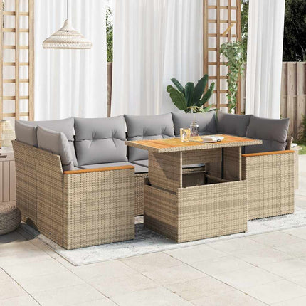 Trädgårdssoffset med dynor 6 delar beige konstrotting akaciaträ