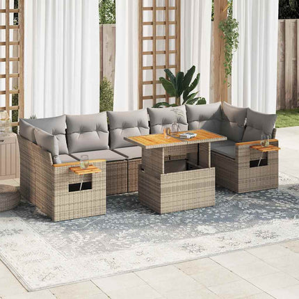 Trädgårdssoffset med dynor 8 delar beige konstrotting akaciaträ