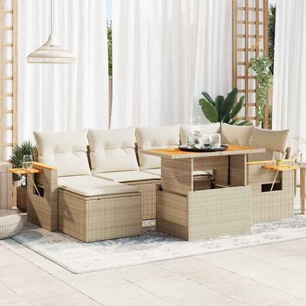 Trädgårdssoffset med dynor 7 delar beige konstrotting akaciaträ
