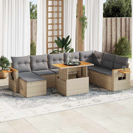 Trädgårdssoffset med dynor 9 delar beige konstrotting akaciaträ