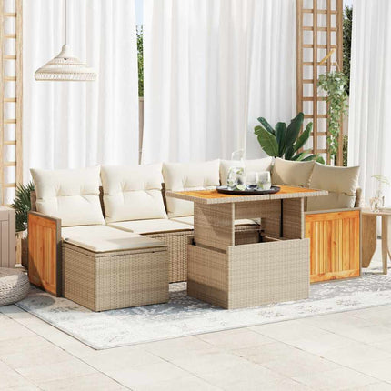 Trädgårdssoffset med dynor 7 delar beige konstrotting akaciaträ