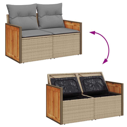 Trädgårdssoffset med dynor 9 delar beige konstrotting akaciaträ