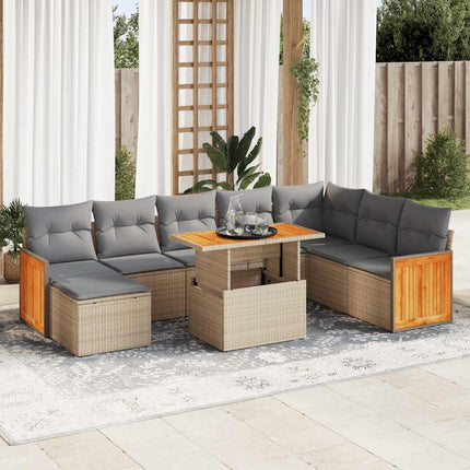 Trädgårdssoffset med dynor 9 delar beige konstrotting akaciaträ