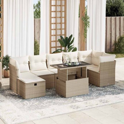 Matgrupp för trädgården med dynor 8 delar beige konstrotting