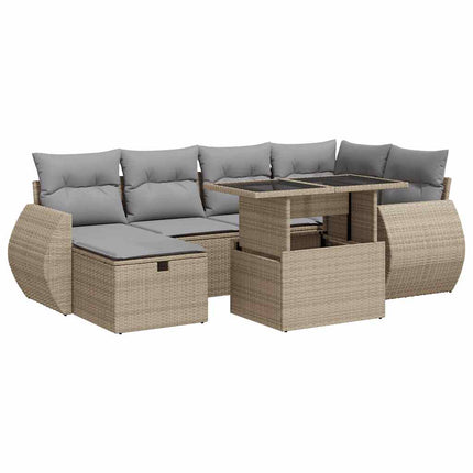 Matgrupp för trädgården med dynor 7 delar beige konstrotting